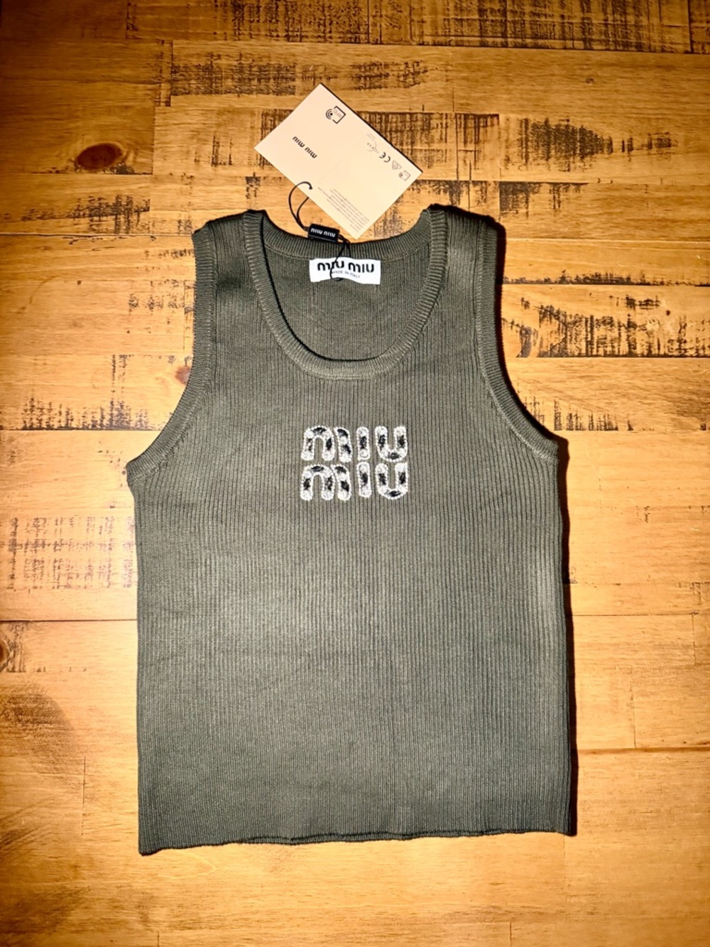 Miu Miu Dark Olive Green Tank Top with Black/Clear Crystals Logo. Size Medium